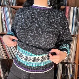 Cozy Black and Teal Patterned Sweater